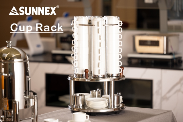 DISPENSADOR DE COPOS GIRATÓRIOS SUNNEX, BASE DE AÇO INOXIDÁVEL E TRÊS CANECAS DE COLHER INCLUÍDAS, TUBOS DE COPO DE PC